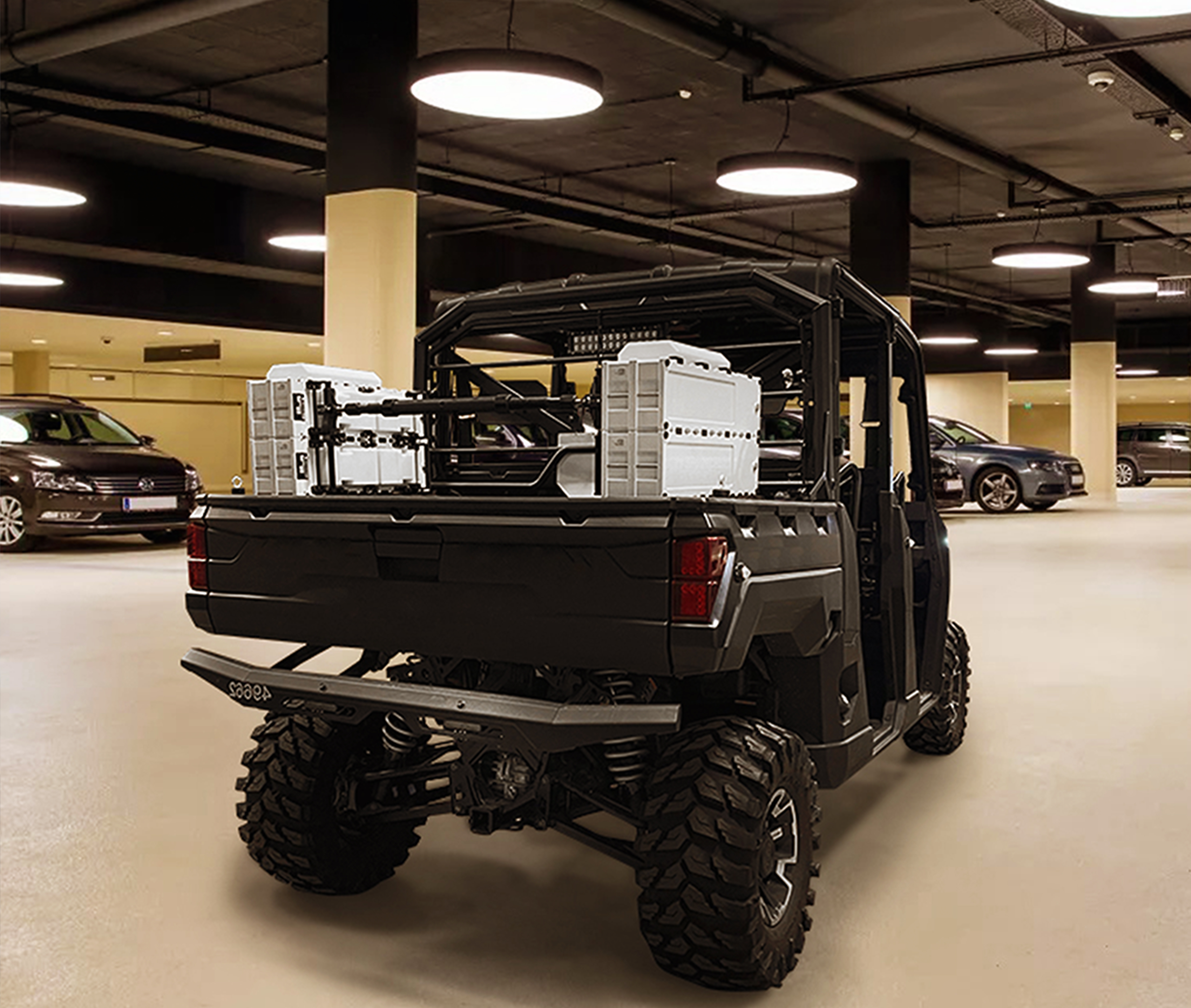 FlexSpec X8400 System mounted in the back of an ATV inside a parking garage